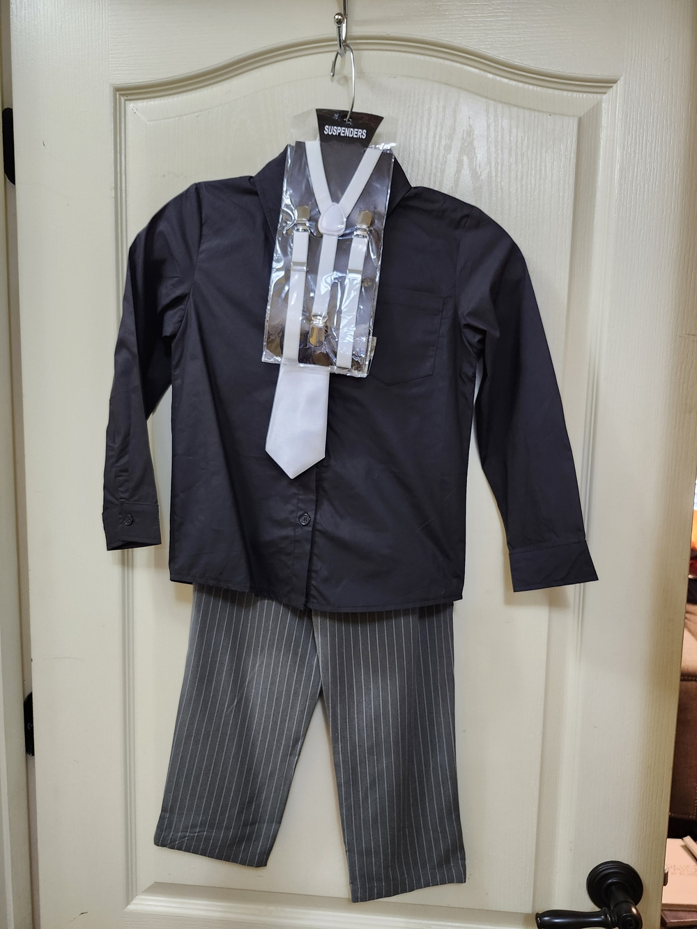 Trish Scully Kids Pinstripe Gangster Pantsuit with White Tie and Suspenders